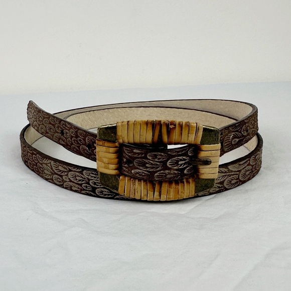 Chico's Vintage Metallic Feather Brown Leather Belt - Picture 1 of 7